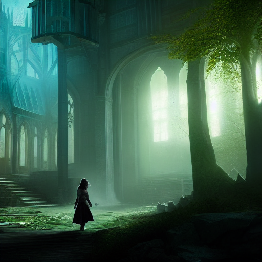 Lily walking through a destroyed Hogwarts, with the curse's eerie green glowing in the distance.